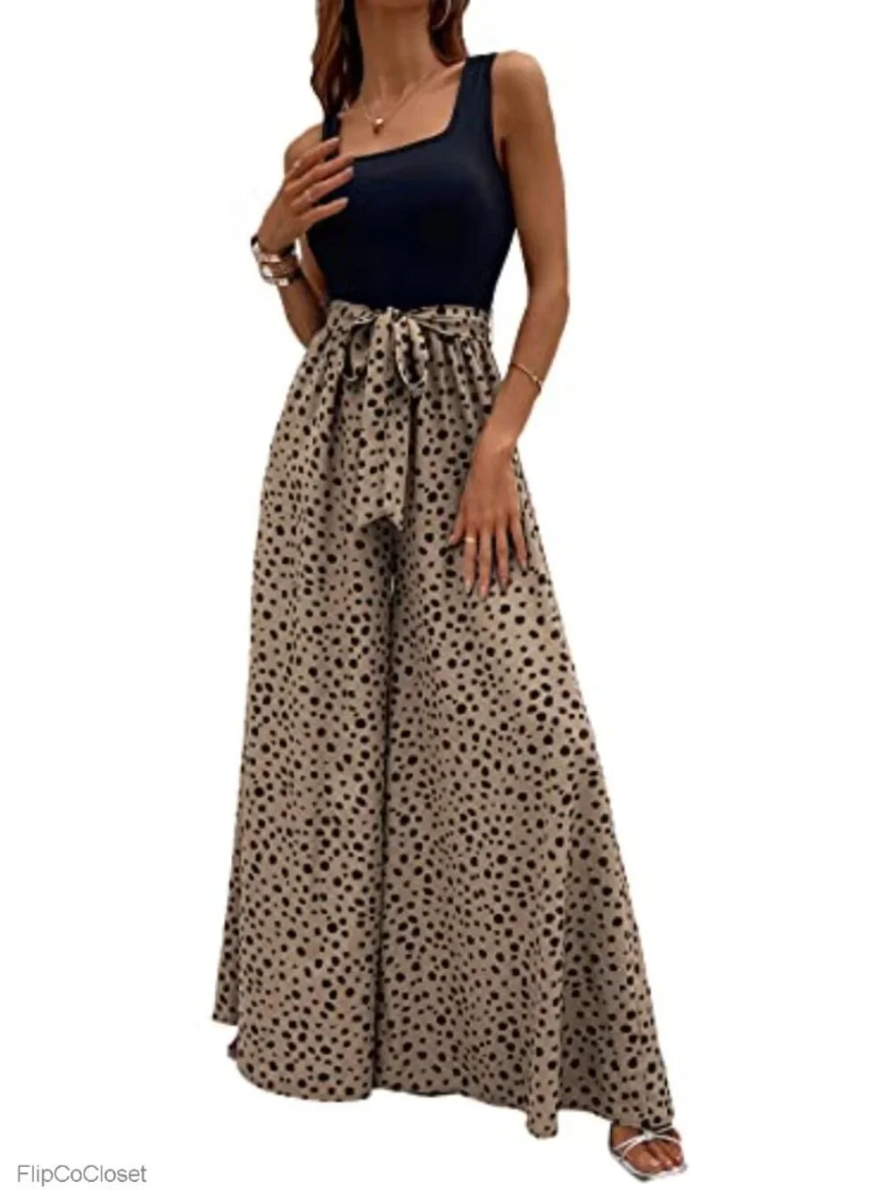 Polyester Spandex Square Neck Sleeveless Wide Leg Tank Jumpsuit with Belt